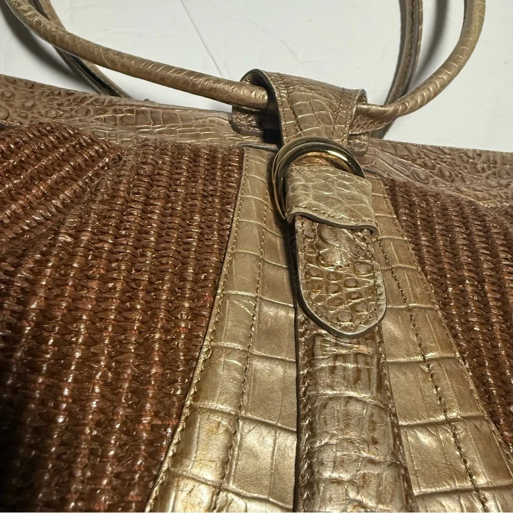 Brahmin Straw Satchel Bag Gold Crocodile Leather Brown Croc Shimmer